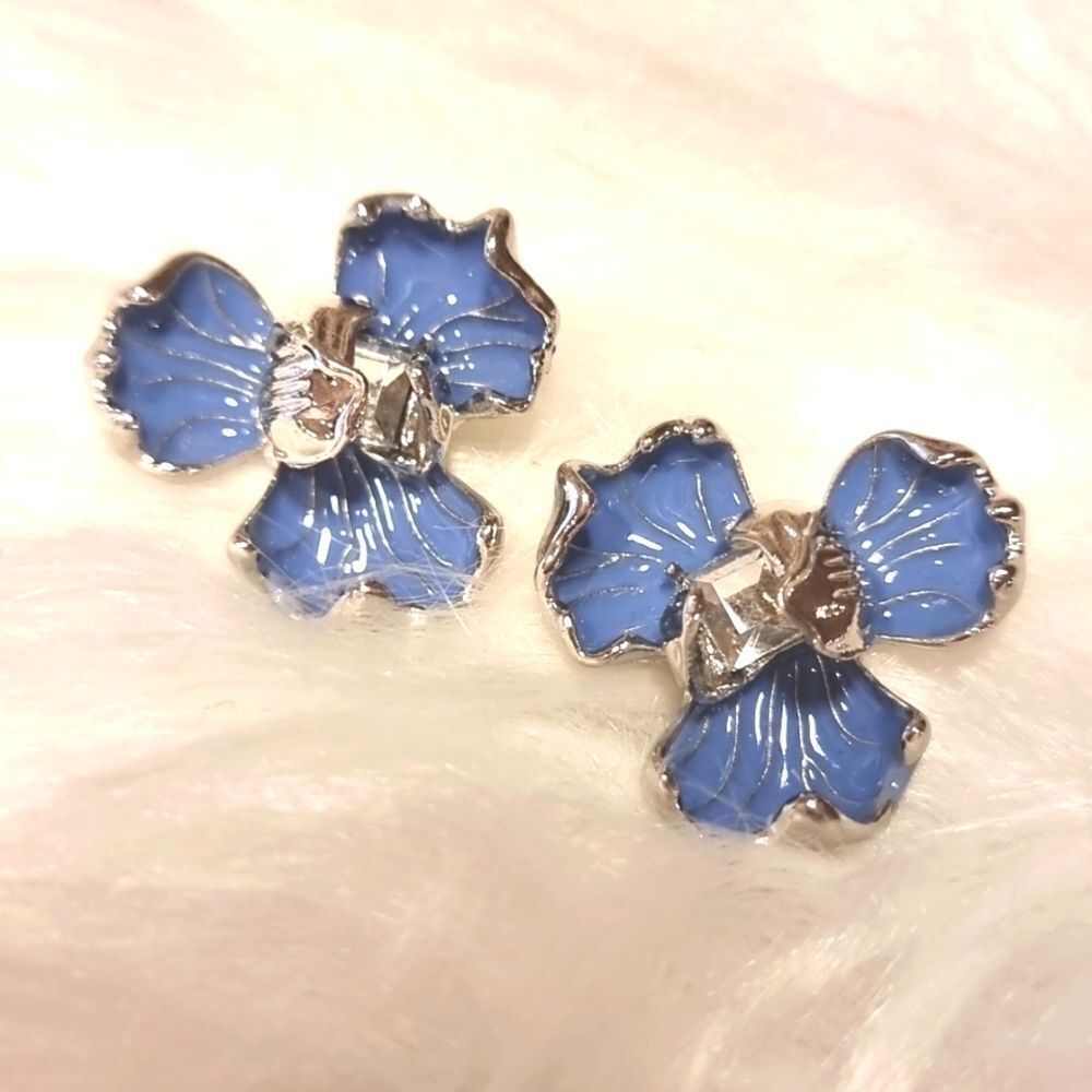 Blue Enamel Iris Flower Stud Earrings Floral • 925 Posts • NWOT - Picture 1 of 8